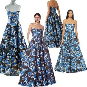 🆕 BRONX & BANCO 🧿 NWOT Cassandra Black & Blue Floral Strapless Gown Sz XS US 2